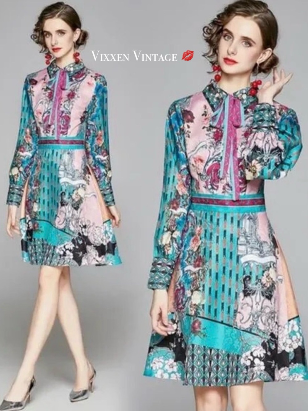 Vixxen Vintage Teal & Pink Floral Mini Dress
